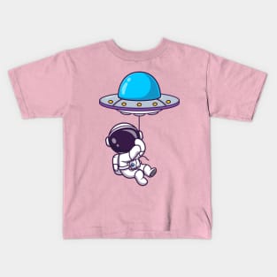 Cute Astronaut Floating With UFO Balloon Cartoon Kids T-Shirt